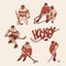 Retro set hockey player and goalkeeper in sports uniform. Vintage sportsmans motion with hockey stick and puck in