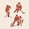 Retro set hockey player and seamless pattern background. Vintage sportsmans motion with hockey stick and puck in
