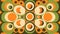 Retro seventies 70\\\'s style artistic background poster in warm orange, yellow and green colors. AI Generative.