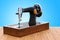 Retro sewing machine on the wooden desk, 3D rendering