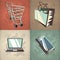 Retro shopping cellphone cart handbag and laptop set grunge style