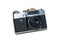 Retro slr film photo camera, front angled view on white background. analog vintage film camera
