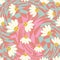 Retro Smile Chamomile Seamless Pattern on 1970 Wavy Swirl Seamless Pattern. Hippie Aesthetic.