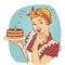 Retro smiling housewife holding big cake in her hands.Vector color illustration