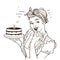 Retro smiling housewife holding big cake in her hands.Vector graphic illustration