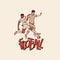 Retro soccers fighting for football ball. Vintage two footballers in sports uniform motion. Vector outline isolated