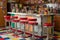 retro soda fountain counter with colorful bar stools