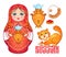 Retro Souvenir from Russia: babushka (matryoshka), red cat, samovar, bublik (bread roll). Traditional Russian wooden nesting doll