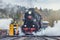 Retro steam locomotive at the turning circle. Ruskeala Mountain Park railway station.