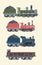 Retro steam locomotives set. Old steam powered trains coal trailers classic rail travel with smoke artistic color