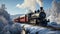Retro Steam Powered Train Moving Through Winter Snow Covered Forest extreme closeup. Generative AI