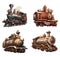 Retro steampunk trains. Vintage copper bronze brass locomotives, archaic attractive steam engine set isolated on white