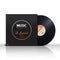 Retro stereo audio black vinyl disc and album paper sleeve cover vector mockup