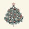 Retro stlyled Christmas tree made with cedar branches and vintage holiday decoration, top view. Layout