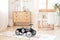 Retro style children`s racing car in a children room. Black vintage model of race car for boy. Great car for a charming playground