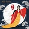 Retro style Chinese Mid Autumn festival spiral cloud and beautiful woman Chang E from a legend. Translation for Chinese word : Mid