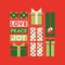 Retro style Christmas card with holiday gift boxes and wishes of love, peace and joy