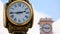 Retro style clocks decorating old park and central city square, measuring time