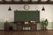 Retro style empty classroom with blackboard and desk teacher`s desk