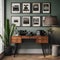 A retro-style home office with vintage typewriters, rotary phones, antique furniture, and nostalgic posters on the walls1