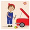 Retro style illustratiom. Little girl repairing the red car.