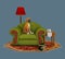 Retro Style Illustration Boxer Dog Puppy in Chair