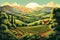 Retro style illustration of a vineyard and winery at sunset. Warm autumn tones of rolling hills and rows of vines. 1950s style