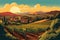 Retro style illustration of a vineyard and winery at sunset. Warm autumn tones of rolling hills and rows of vines. 1950s style