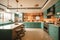 retro-style kitchen, with art deco furniture and fixtures, streamlined appliances, and pendant lighting