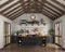 Retro style kitchen in a room with wooden roof trusses