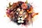 Retro style Lion Colorful spring flowers in front head