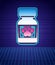 Retro style Medicine bottle and pills icon isolated futuristic landscape background. Container with pills. Prescription