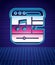 Retro style Music player icon isolated futuristic landscape background. Portable music device. 80s fashion party. Vector