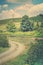 Retro style photo of a pastoral rural landscape with gravel road winding past lily pond towards lush green rolling hills