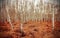 Retro style picture of autumn birch grove with red fern