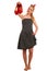 Retro style pin up girl with blonde hair in black dress wtih whi