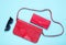 Retro style red leather bag, wallet and sunglasses