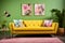 Retro style sitting room yellow button back sofa with floral cushions wireframe coffee table potted plant generative AI