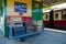 Retro style suitcases on train station platform