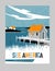 Retro style travel poster design for the United States.  Scenic image of boathouse on east coast.