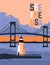 Retro style travel poster design for the United States. Suspension bridge at sunset with lighthouse on the bay.