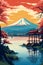 Retro style travel poster with Mount Fuji and a Torii gate on a lake. 1970s style graphics and colour tones. Digital illustration