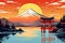 Retro style travel poster with Mount Fuji and a Torii gate on a lake. 1970s style graphics and colour tones. Digital illustration