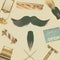 Retro styled image of a mustache with a set of barber shop supplies