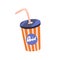 Retro-styled takeaway cup of cold soda drink with straw and lid. Vintage striped tumbler with cola. Lemonade in