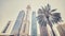 Retro stylized panoramic photo of Dubai skyscrapers with a palm