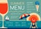 Retro summer restaurant menu design with wine glass, beach umbrella, ice cream and woman in hat.