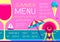 Retro summer restaurant menu design with wine glass, beach umbrella, ice cream and woman in hat.