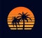 Retro sunset orange. Evening rays setting sun two palm trees against synthwave background.