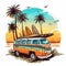 Retro surf van carrying surfboards at the beach palm trees sunset Generative AI